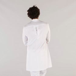 Bata blanca sanitaria elegante de mujer cuello mao. Isacco. Tienda online