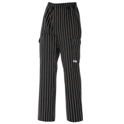 Pantalón negro con rayas blancas cocinero cinturilla con cordón. Ropa de  cocina y hostelería.