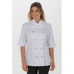 Desinfección De Cocina. Mujer Con Ropa De Trabajo Blanca Y Guantes